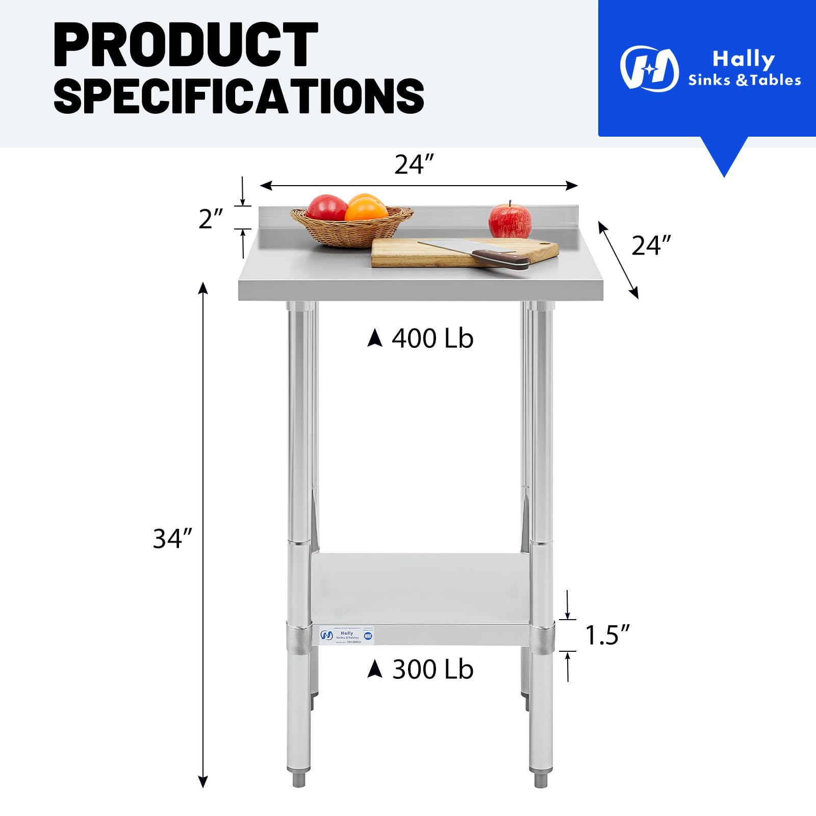 Hally - Mesa de acero inoxidable para preparación y trabajo, 24 x 24 pulgadas, mesa comercial NSF resistente con estante inferior y protector contra salpicaduras para restaurante, hogar y hotel