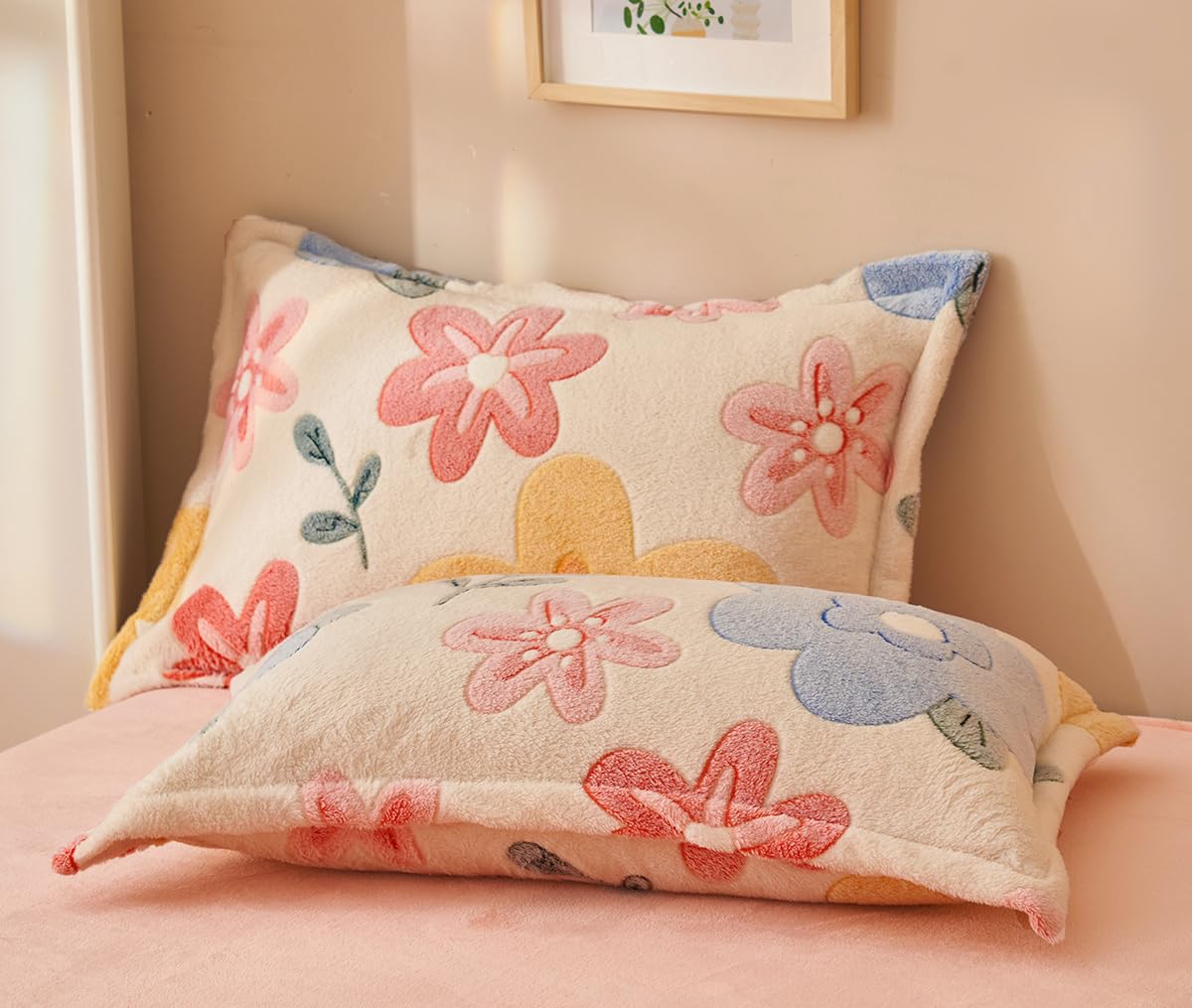 LMONMOO Pink Floral Kids Pillowcases, 2 Packs Fluffy Pillow Covers with Zipper Super Soft Kawaii Pillow Cases for Girls Boys Teens(Flower,Standard Size)
