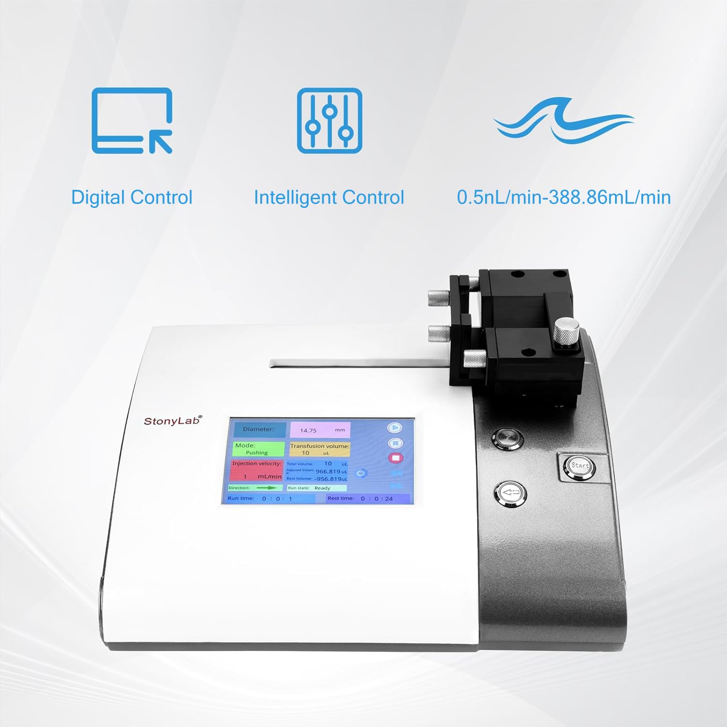 stonylab Einkanal-Spritzenpumpe, 0,5 nl/min - 388,86 ml/min, 5 μl - 150 ml Spritzen, Touchscreen, Fixe/Benutzerdef. Dia-Eingabe, RS232/485, für Lab-Flüssigkeitshandhabung