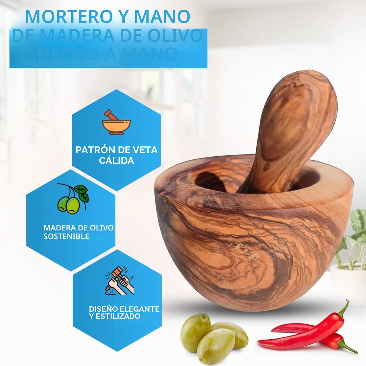 Mortero con mano de madera de olivo – Hecho a mano con borde natural, para hierbas aromáticas – Sostenible, diámetro aprox. 10 cm