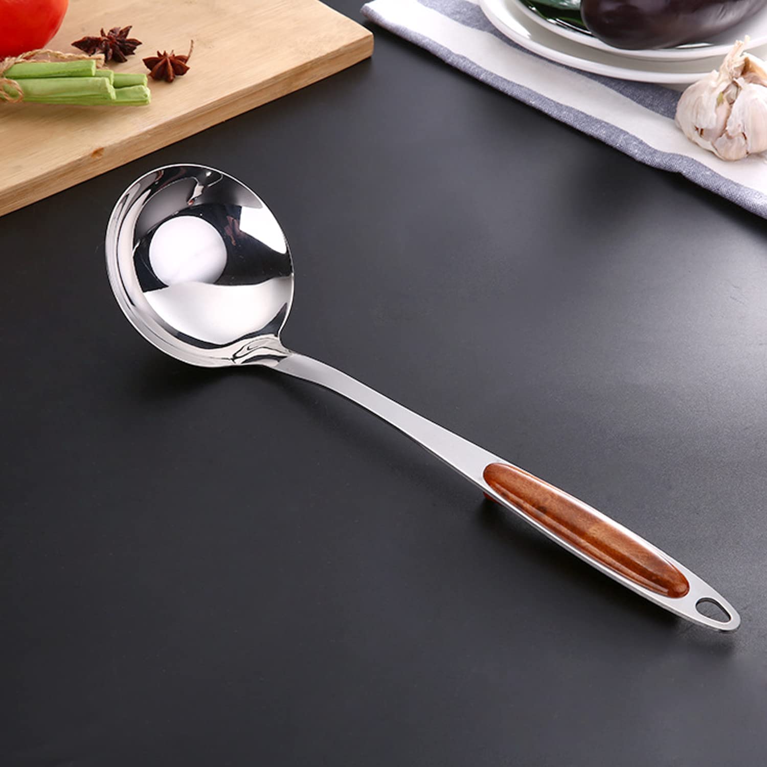 pepplo® Soup Ladle, Stainless Steel Cooking Ladle Spoon Wok Tools with Plastic Handle Heat Resistant, 13Inch (1PCS, Ladle)