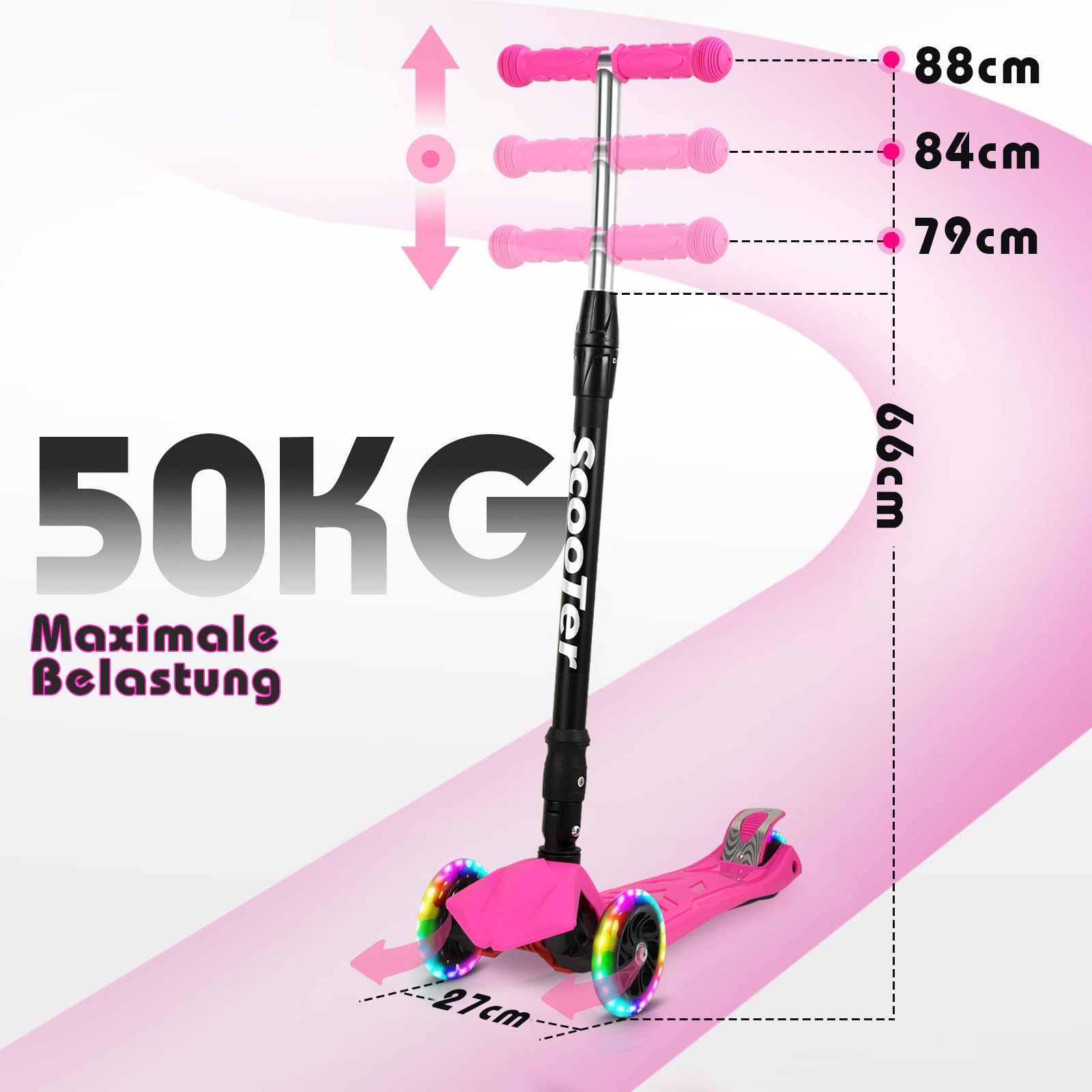 Fiqops Trottinette pour Enfants de 3 à 12 Ans, avec 4 hauteurs réglables, Roues Lumineuses LED, Pliable, Facile à diriger, Freins arrière, Trottinette de Ville pour Enfants
