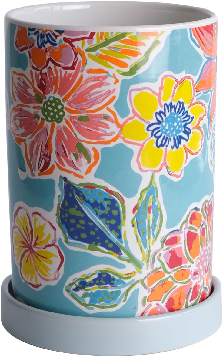 Ceramic Kitchen Utensil Holder with Draining Base, 6.8" Floral Cooking Crock for Spatula & Spoon, Modern Farmhouse Kitchen Decor and Counter Organizer (Orange)