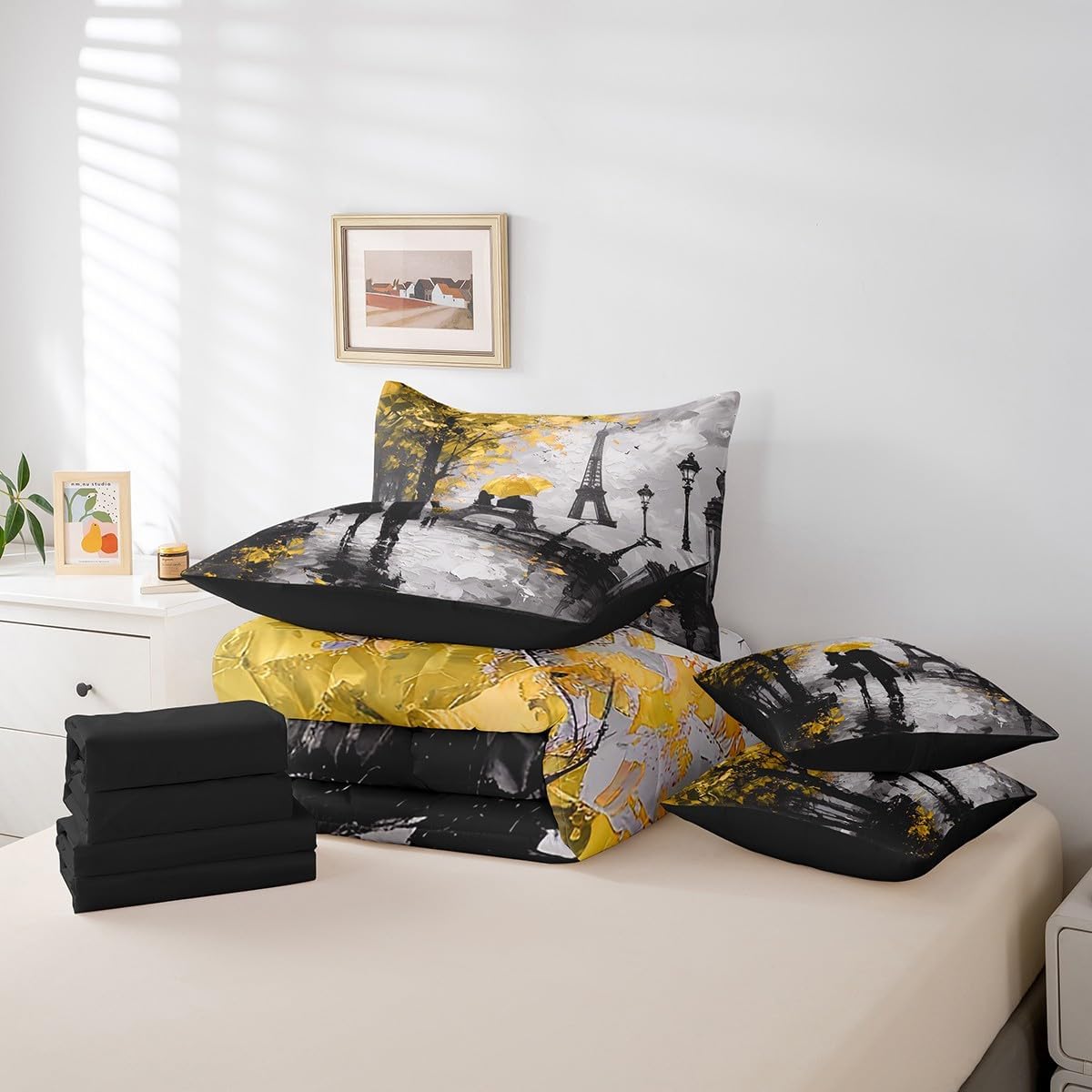 Feelyou Eiffel Tower Bedding Set Queen Size 7 Pieces Couple Yellow Romantic Paris Comforter France Trip Bed in a Bag with Comforter, Sheets, Pillowcases & Cushion Cover