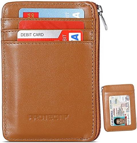 Protectif Leather RFID Blocking Front Pocket Wallet with Zipper, Card Sleeves and Id Window - Brown