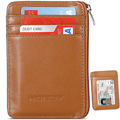 Rfid Blocking Sleeves Genuine Leather Wallet Cool Slim for Men and Women, Mini Front Pocket Wallet With Zipper, Sleeve Card Holder With Id Window