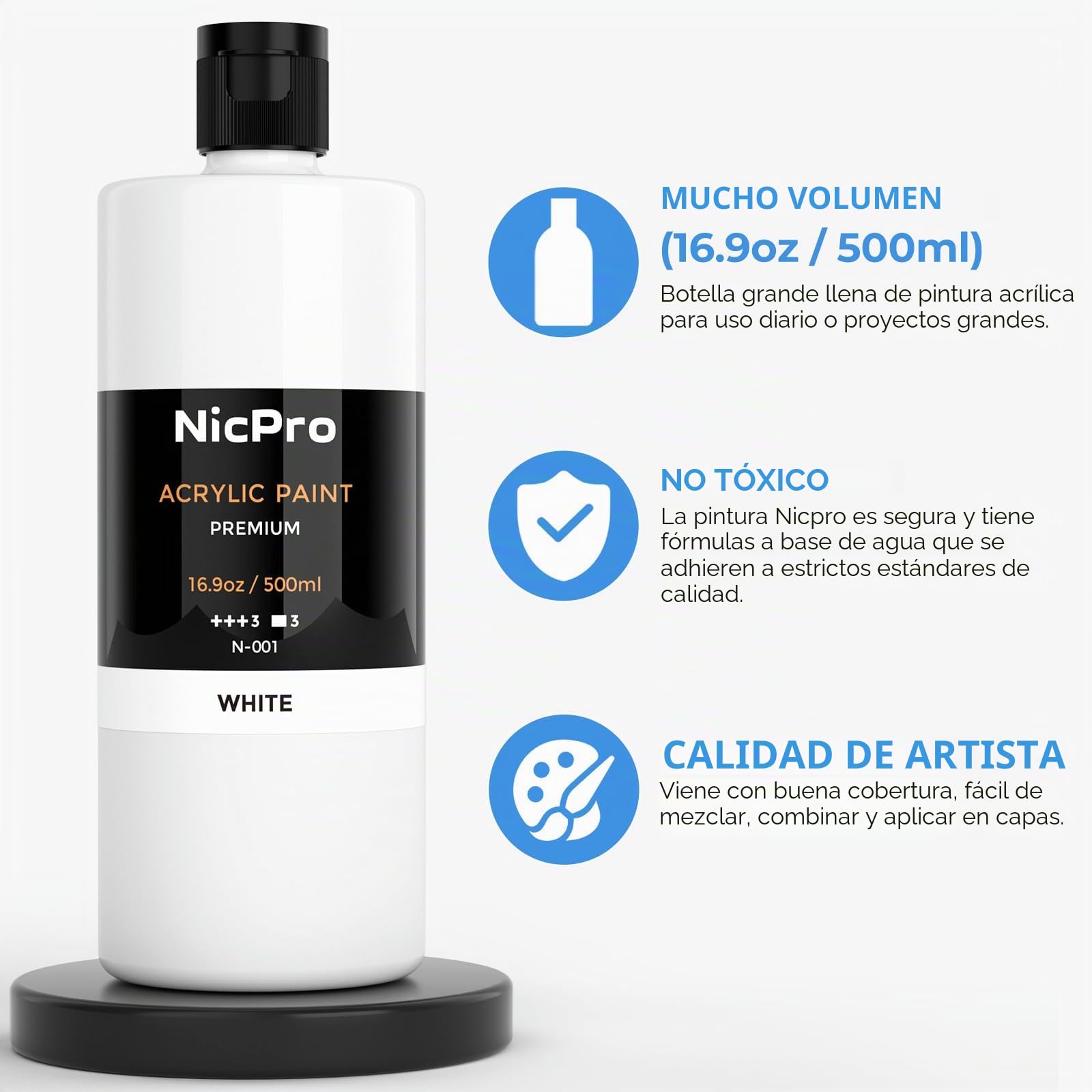 Nicpro Pintura Acrilica Blanca 500ml, Pigmentos Intensos, Pintura Manualidades No Tóxica para Múltiples Superficies: Lienzo, Madera, Cuero, Cerámica, Piedra-Suministros de Pintura Artística