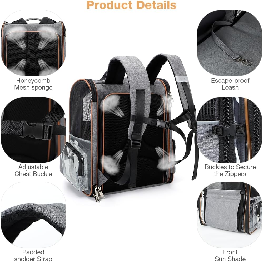Lekebobor Clear Pet Backpack Expandable Cat Backpack Carrier Pet Carrier Backpack for Small Medium Dogs Cats fit up to 18lbs