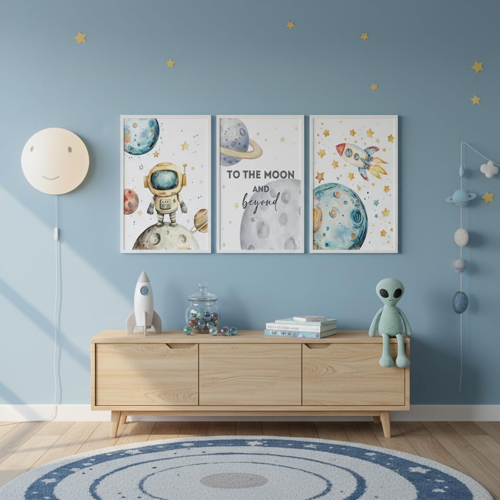 3Pcs Nursery Astronaut Canvas Wall Art, Whimsical Outer Space Print Posters, Rocket Planet Planet Moon Decor Pictures, for Boys Room, Kids Room, Bedroom, Nursery, Home Decoration, 16x24In, Unframed