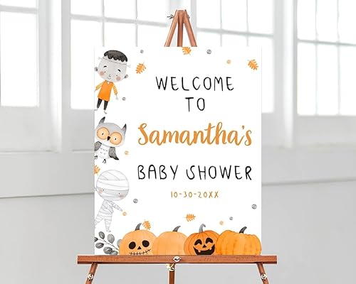 Miniatura 12 de Letrero de bienvenida personalizado de Halloween para baby shower, Little Boo Is Almost Due, decoración imprimible de Halloween, decoración