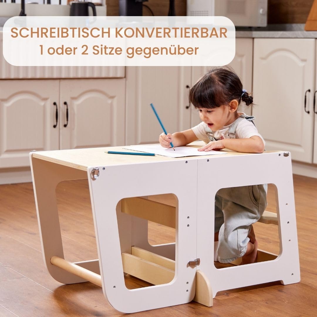 Lernturm ab 1 Jahr – Montessori Beobachtungsturm, umwandelbar in Kinderschreibtisch – Kinderstuhl Holz – Hochhocker für Kinder von 1 bis 6 Jahren (Naturholz)