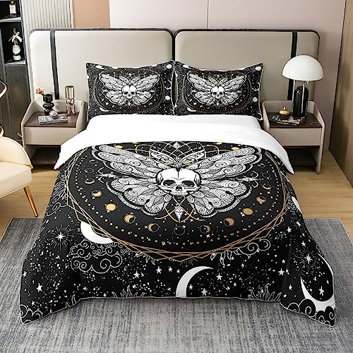 Homewish Death Moth Cotton Bedding Sets Single for Girls Boys Child,Boho Gothic Skull Duvet Cover,Golden Sun Moon Comforter Cover,Bohemian Style Galaxy 100% Cotton Set,Star Cloud Print Quilt Cover