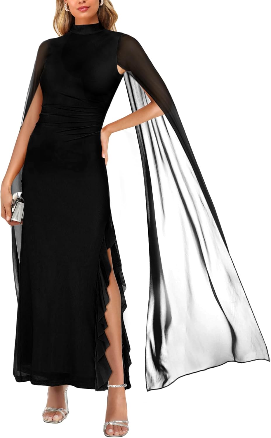 Aisbei Women's Elegant Mock Neck Slit Ruffle Bodycon Maxi Dress Evening Gowns Party Formal Wedding Guest Dresses with Cape - Image 2