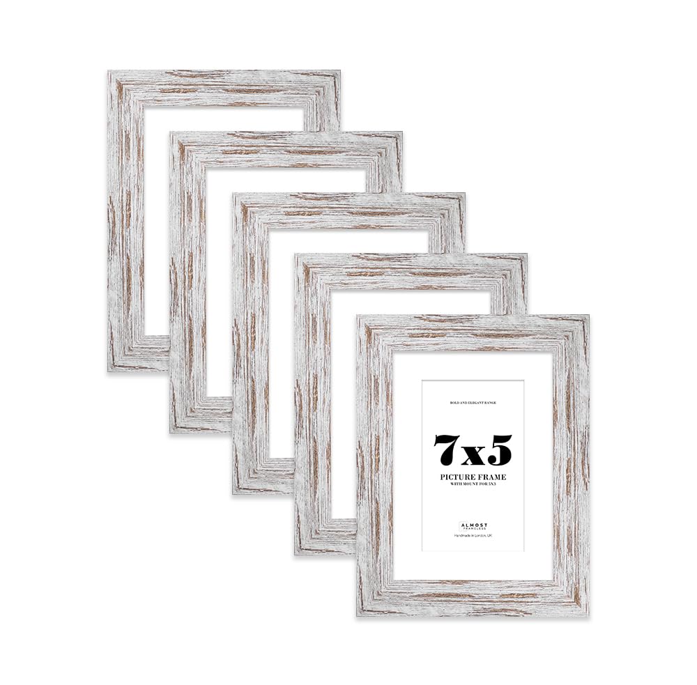 7x5 Distressed Wood Frame With Mount for 5x3 Pictures 28mm Edge Portrait and Landscape Display with Wall Hooks and Kickstand, 5 Pack