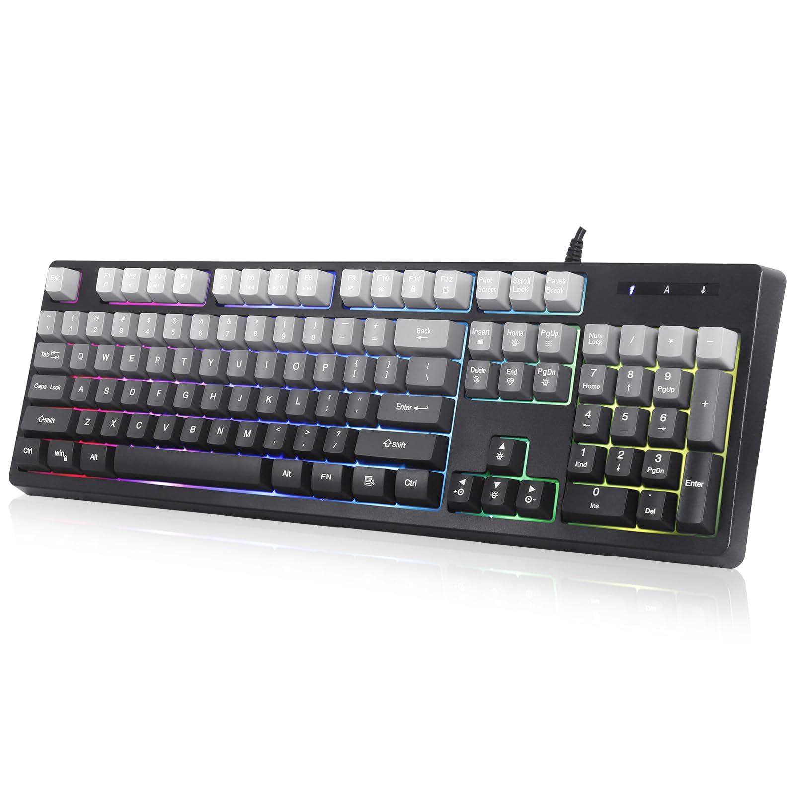 HUO JI ゲーミングキーボード 有線 英語配列 テンキー付き メカニカル風 レインボーLEDバックライト 防水設計 人間工学 浮遊キー オフィス テレワーク PS5/PS4/Xbox/PC/Mac 対応 (グラデーション・グレー)