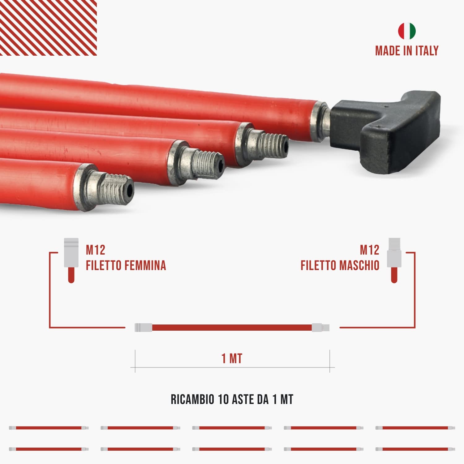 BARETTO Pack de 10 Varillas + Mango - Varillas de 1 Metro para Kit de Limpieza de chimeneas - para chimeneas con Trazos lineales o Curvas máx. de 45°