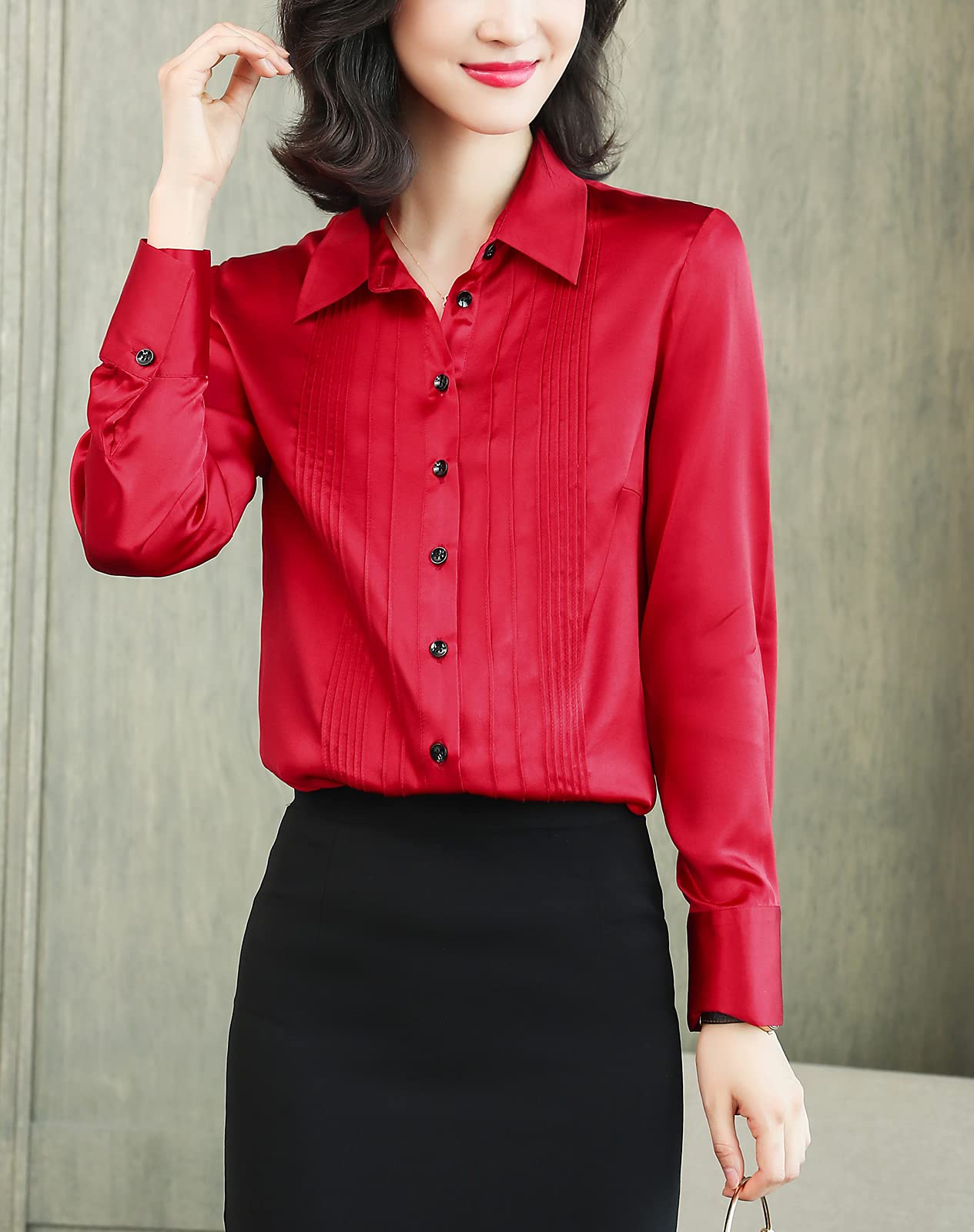 DISSA S6619 - Blusa de seda para mujer, con botones sólidos, manga larga, con solapas, de seda, rojo, 40