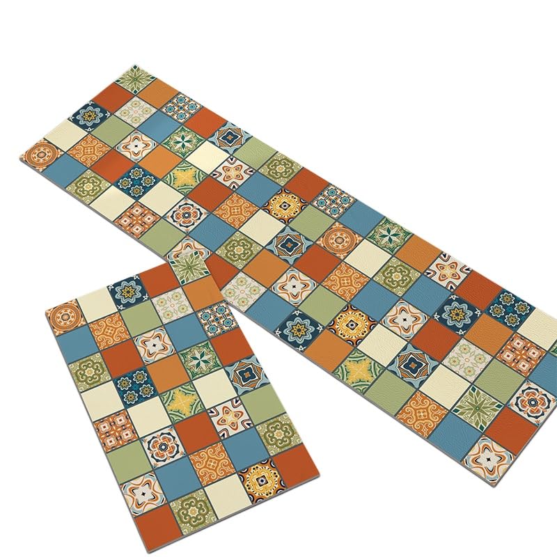 Tapis Cuisine Antidérapant，Lot De 2 Tapis De Couloir Anti-Fatigue Antidérapants Pour Cuisine Et Entrée, Imperméables Et Faciles À Nettoyer, Motif Mosaïque Florale Rétro, Pour Couloir, Buande