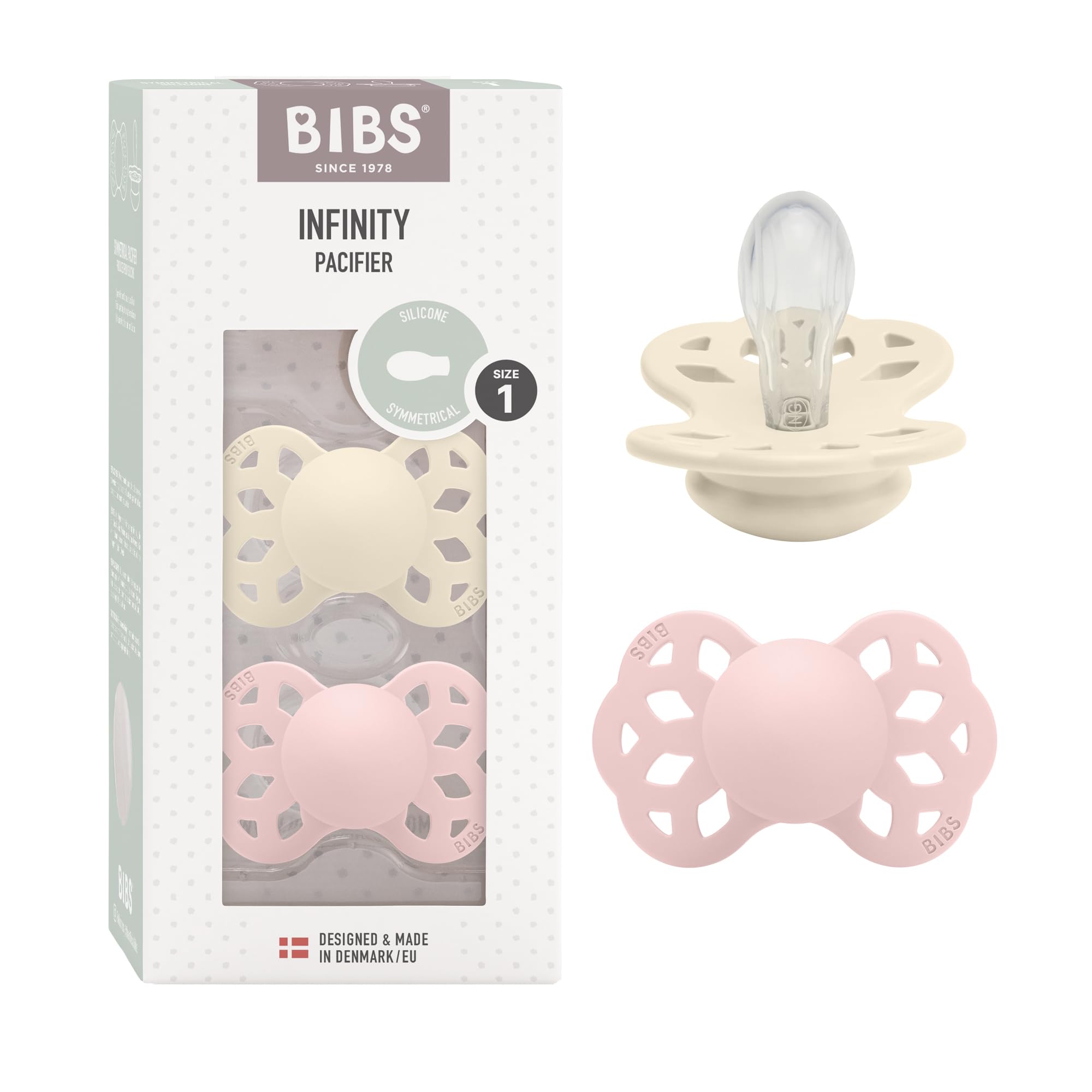 BIBS Infinity Symmetrical Schnuller 2er-Pack, BPA-frei, Symmetrischer Nippel. Silikon, Hergestellt in Dänemark, Größe 1 (0-6 Monate), Ivory/Blossom