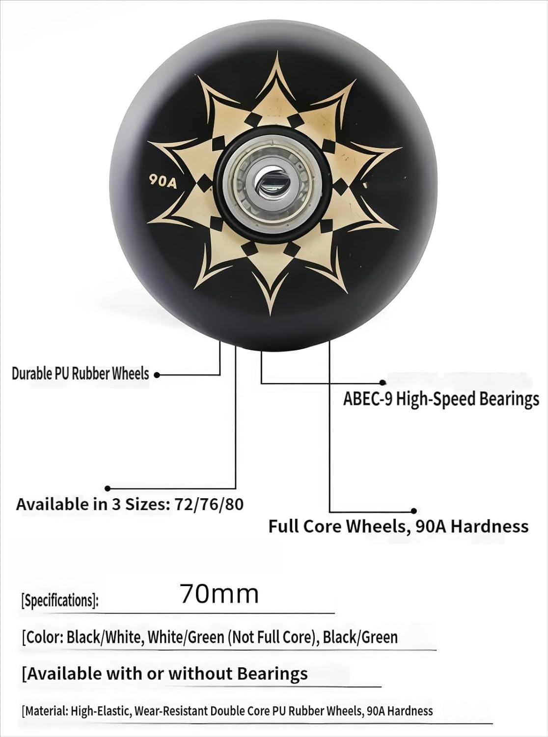 High-impact shock-absorbing all-rubber roller skates wheels 90A outdoor roller skate wheels 8 sets/indoor replacement wheels high-speed bearings(Black,ID70MM8PCS)