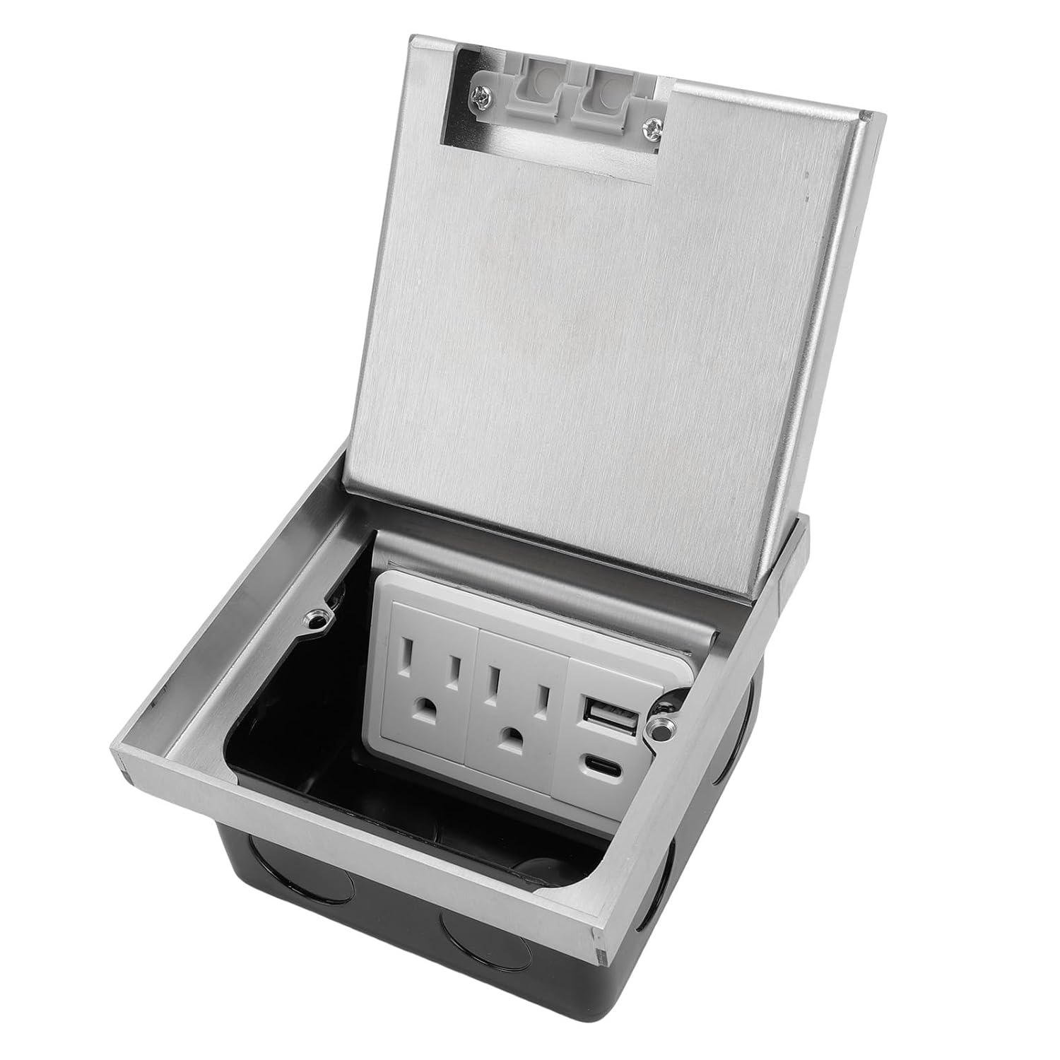 Fafeicy Recessed Socket Double 3 Prong Outlets USB A USB C Port Electrical Receptacle Box Kit for Carpet Tile Marble Floor Silver