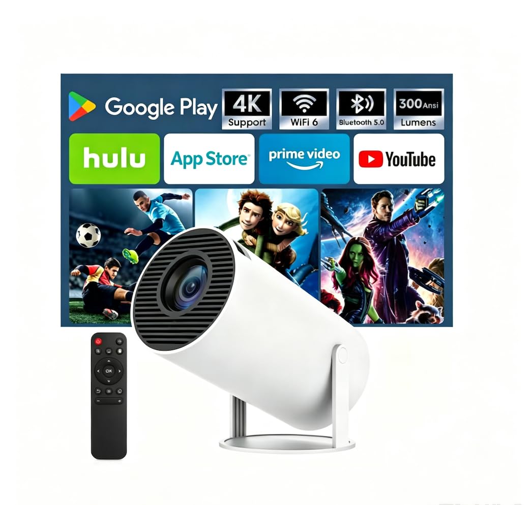 Mini Proiettore Con Bluetooth e WiFi, Proiettore Portatile 4K 1080P Supporta, Rotazione 180°, per Interno/Esterno, Compatibile Con HDMI/TV Stick/Laptop