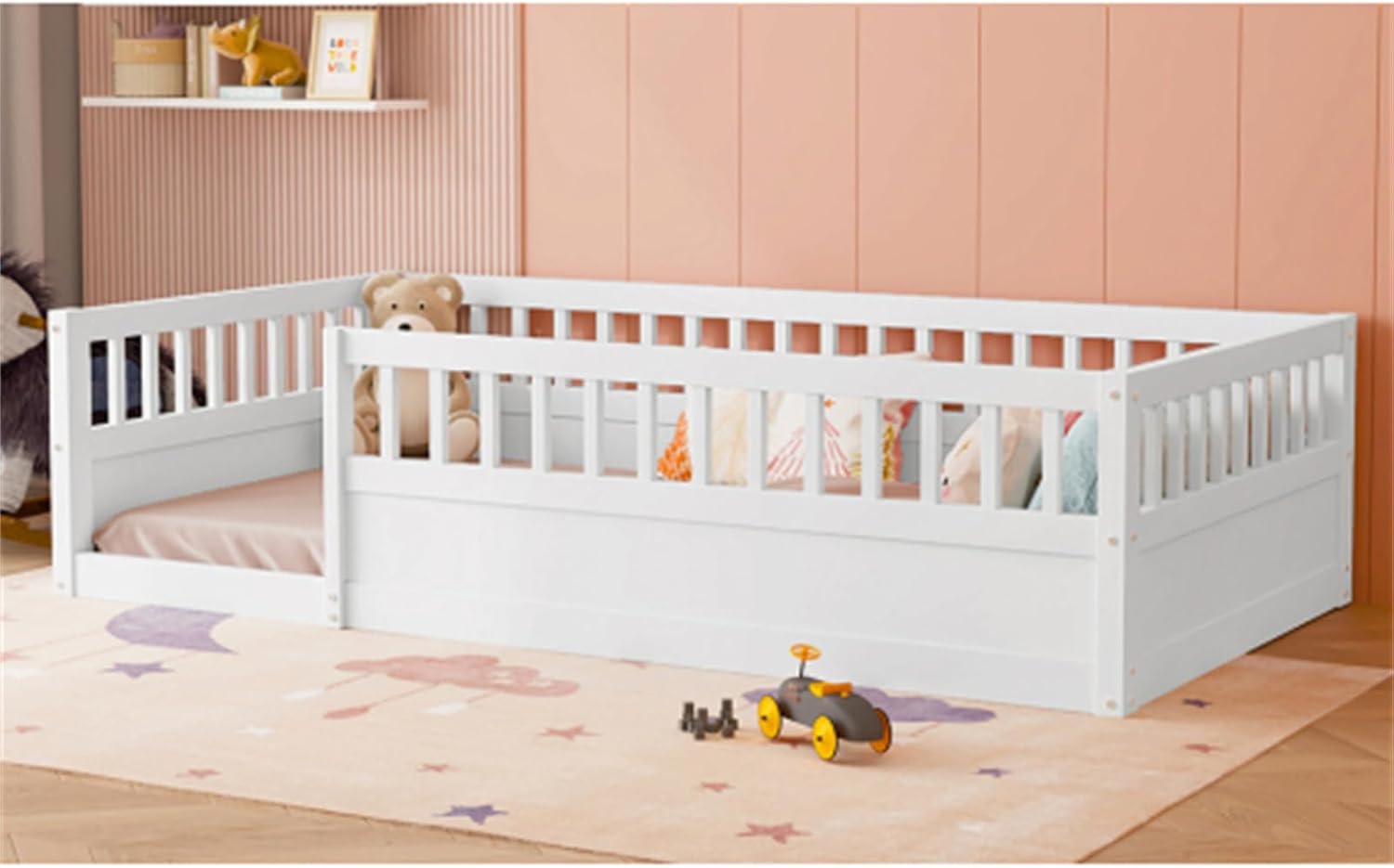 Twin Floor Bed Frame with Fence, Wood Kids Floor Beds Frame for Bedroom Playroom,White