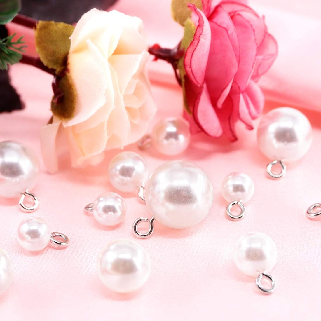 Swpeet 90Pcs 8mm 10mm 12mm 14mm 16mm White Pearl Bead Cap Half Ball Dome Metal Circle Hook Buttons Assortment Kit for Crafting Sewing Scarpbooking Scarf and Clothes