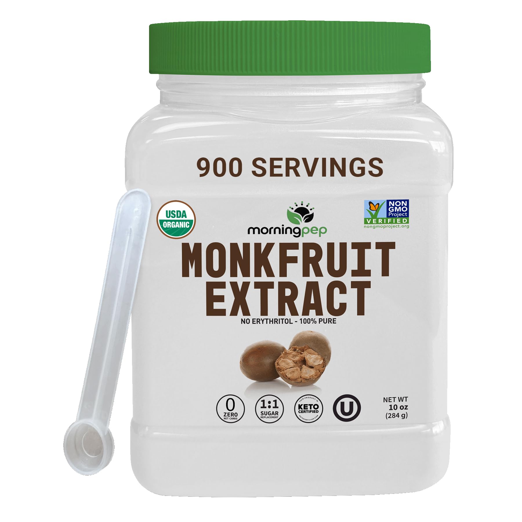 Morning Pep 100% Pure Monk Fruit extract sweetener, No Erythritol, Monkfruit Extract Powder, NON-GMO Project Verified, Keto Certified, OU kosher, No Fillers Zero Calories | Over 900 Servings | 10 oz