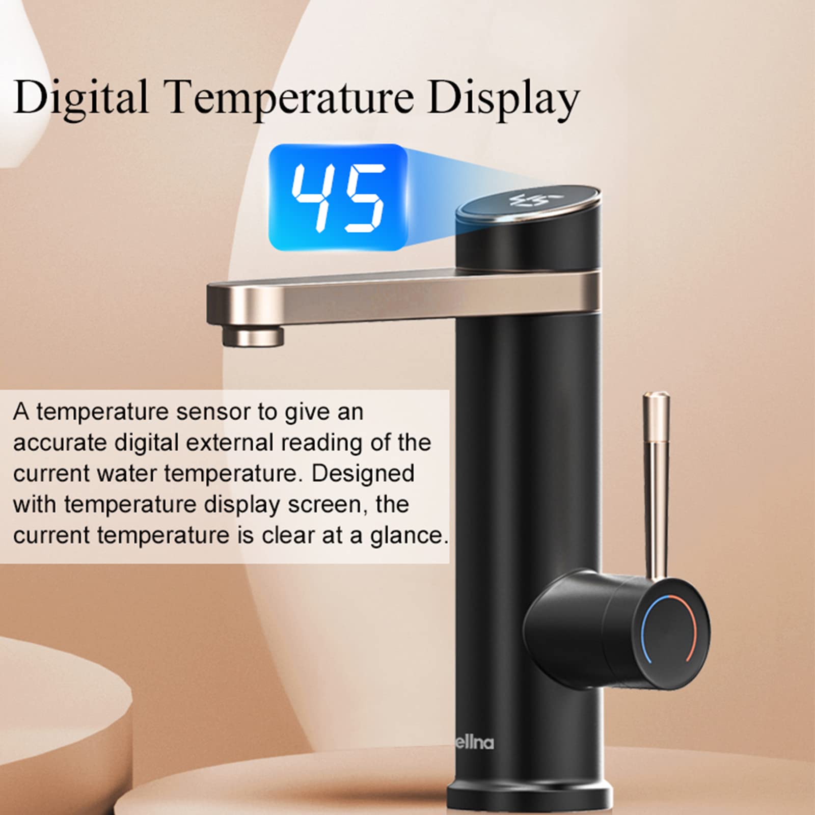 Rubinetto Bagno Nero, Rubinetto Lavabo Bagno Monocomando, Rubinetti Lavabo Vanity, Rubinetti Bagno Monoforo, con Display della Temperatura a LED Rubinetto Acqua Calda Istantanea, Rubinetto Scaldabagno