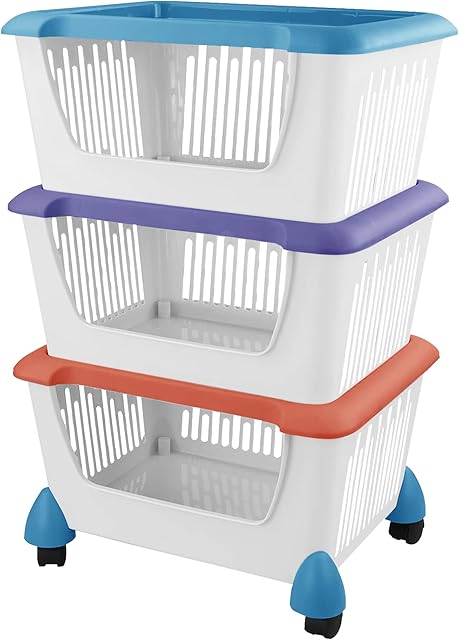 Stackable Storage Basket with Wheels, Shelf Basket Kitchen Cart Multi-Layer Storage Basket For Home, Office, Bathroom (3 TIER BASKET)