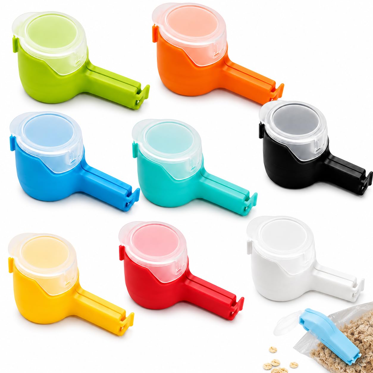 8 Pcs Food Clips Bag Sealing Clips, Reusable Bag Clips with Pour Spout & Cap, Moisture-Proof Food Storage Bag Sealer, Multi-Purpose Plastic Snack Clips for Kitchen Pantry, Cereal, Beans, Oats & More