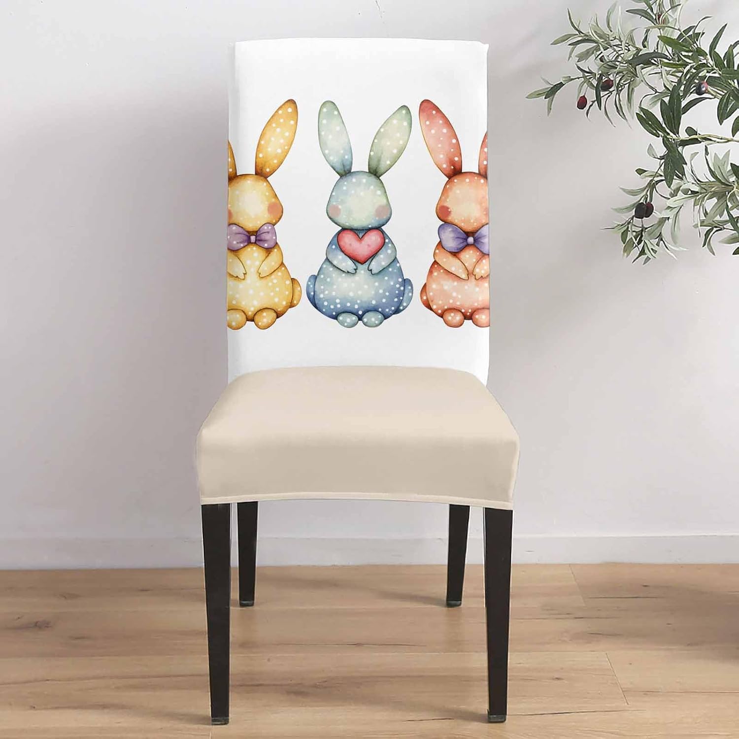 Watercolor Rabbit Stretch Chair Cover Dining Room Set of 2, Polka Dots Bunny Bow Easter Removable Kitchen Chair Covers Soft Washable Chair Seat Protector Fitted with Elastic Bottom for Office