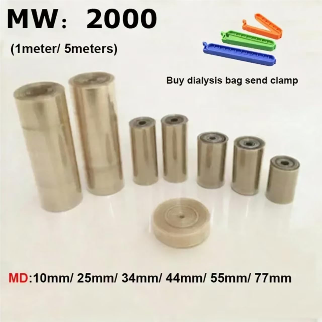 Worek do dializy celulozowej, MW2000, odcięcie masy cząsteczkowej, półprzepuszczalna membrana, rozmiar MD10, 1 metr, z zaciskami