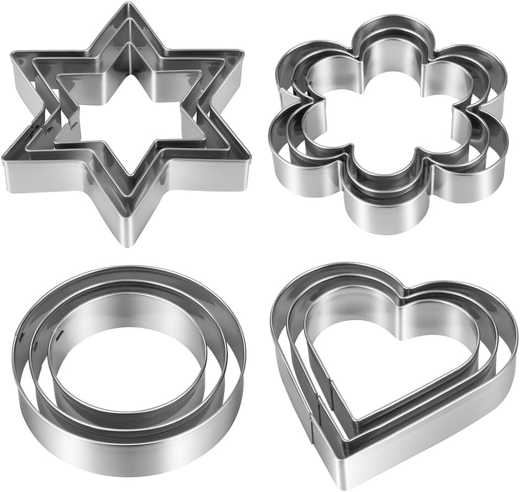 Metal Cookie Cutters Set 12 Pieces, Stainless Steel 3 Heart Cookie Cutters, 3 Star Cookie Cutters, 3 Flower Cookie Cutters, 3 Round Cookie Cutters for Valentine’s Day Christmas Holiday