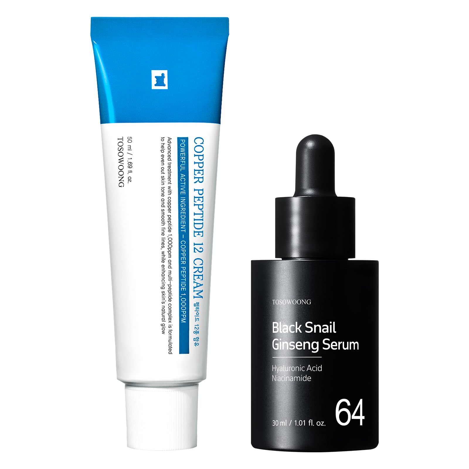 TOSOWOONG K-Beauty Anti-Aging Duo, Black Snail Ginseng Serum und Copper Peptide 12 Cream, Korean Skincare Set mit Snail Mucin, Ginseng 640.430ppm, GHK-Cu, 12 Peptides für Hydrating Firming Glow