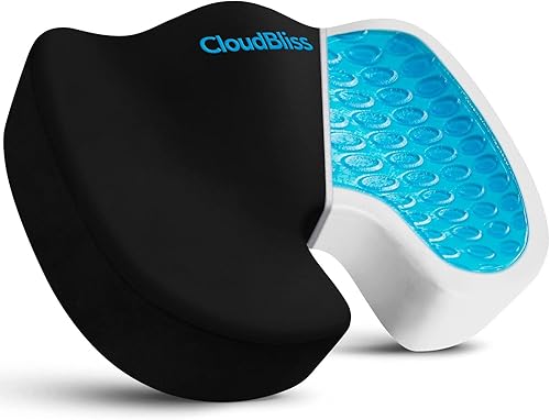 CloudBliss Cojín de asiento de gel - Cojín ergonómico de espuma con memoria mejorada con gel de enfriamiento para uso prolongado para oficina, Negro