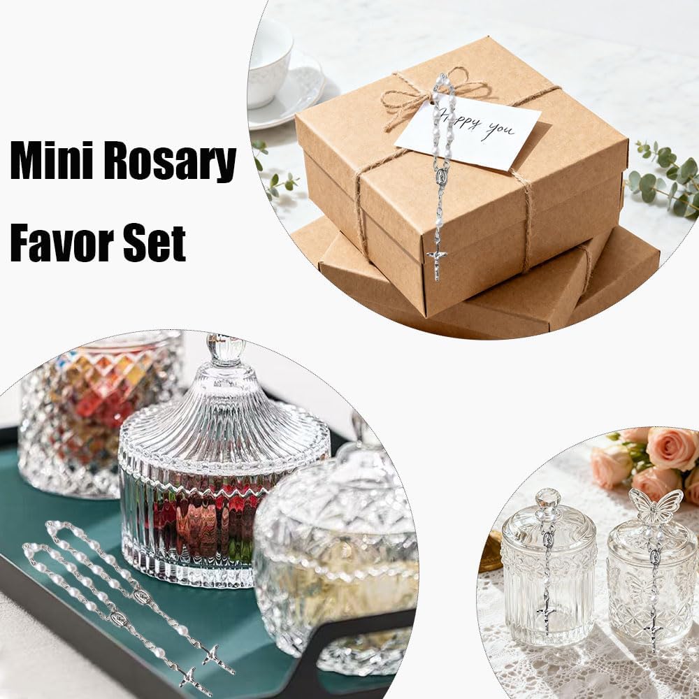 SUVO 60 Pieces Mini Rosary Favors Baptism Favors Rosary Beads Finger Baptism Rosaries with Organza Bags for Christening Party (Silver)