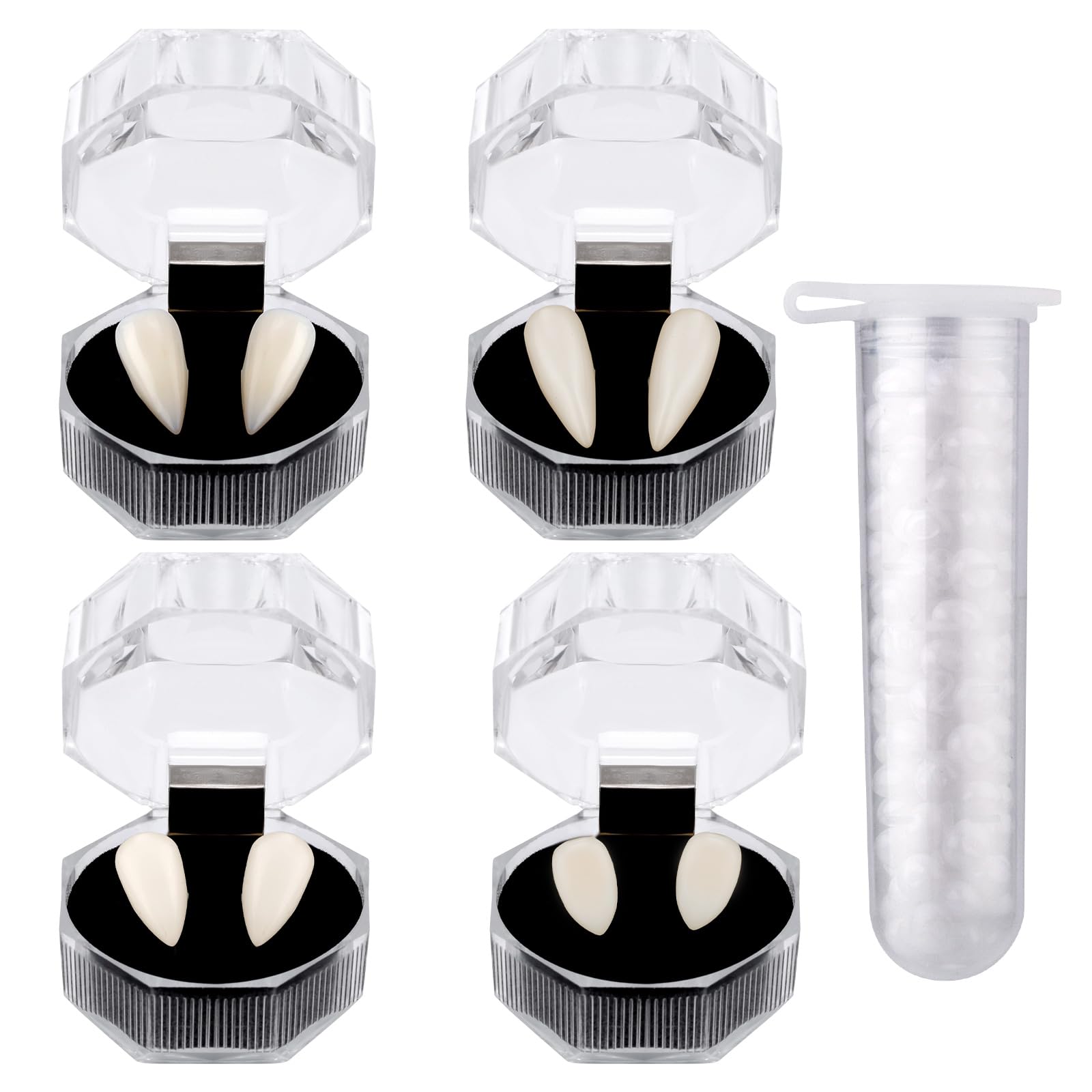 4 Pairs Vampire Fangs for Halloween Cosplay, 4 Sizes Horror False Fake Vampire Teeth Cosplay Fangs for Halloween Party Accessories (White)