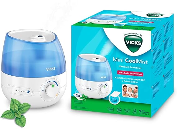Bundle of Vicks Mini Cool Mist ultrasonic humidifier - VUL525 + VapoPads Rosemary & Lavender VBR7 + Vicks VapoPads Menthol VH7
