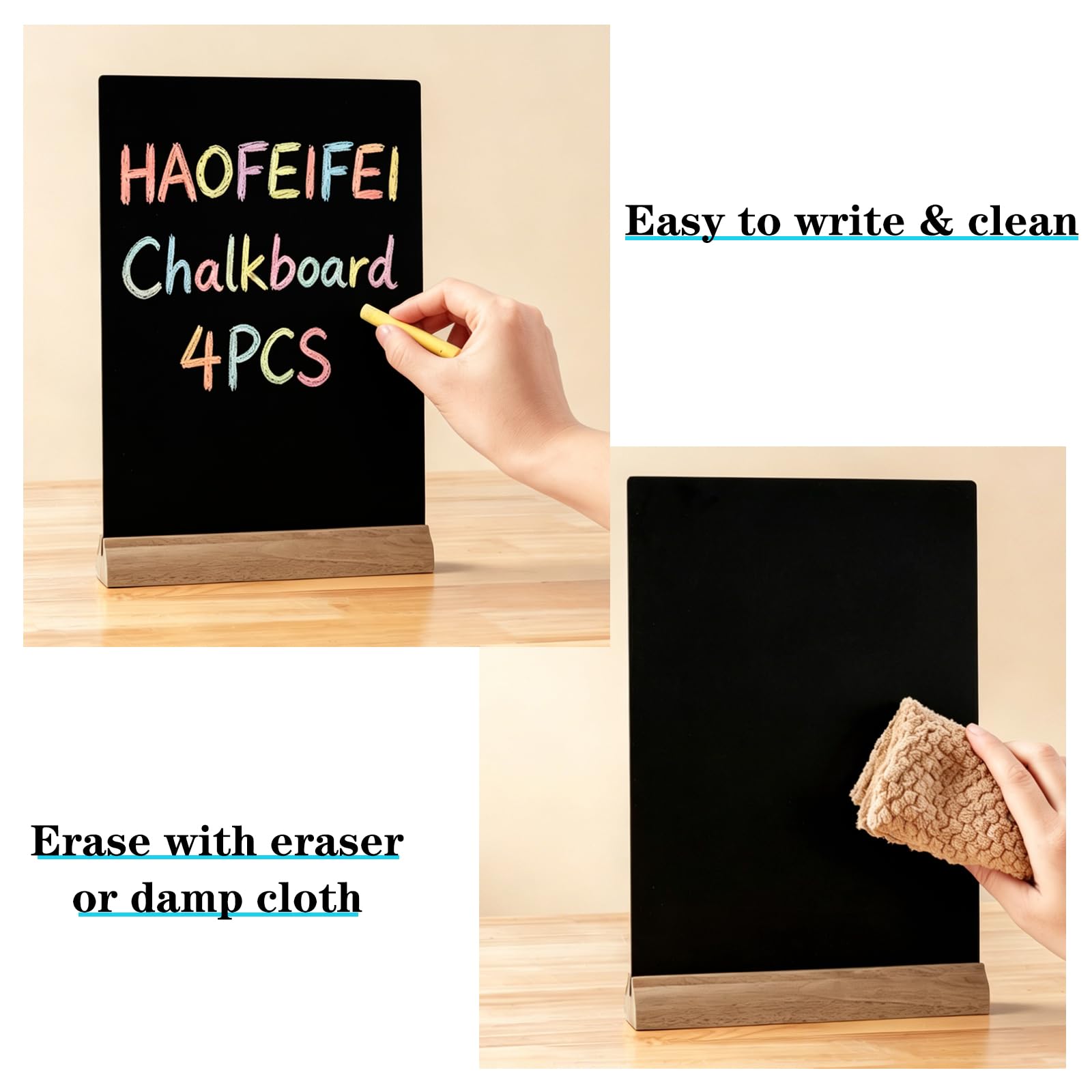 4 Piezas Pizarra Negra A4 Acrílico 3mm con Base Madera, Doble Cara Lisa/Rugosa, Horizontal/Vertical, Borrable Paño Húmedo, Cartel Mesa para Bar Restaurante Tienda