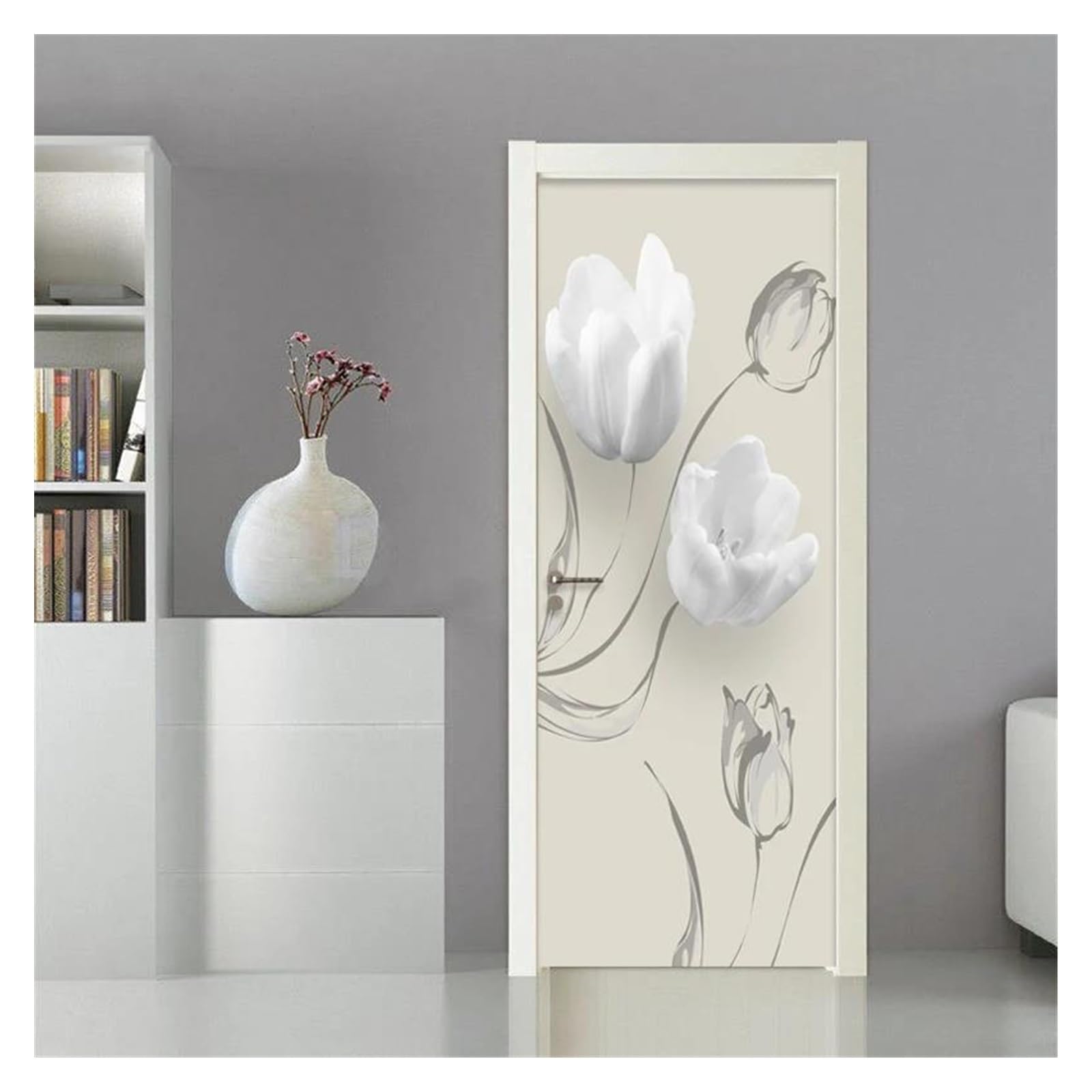 Sticker autocollant de porte 3D fleurs blanches 77x200cm papier peint imperméable pour salon