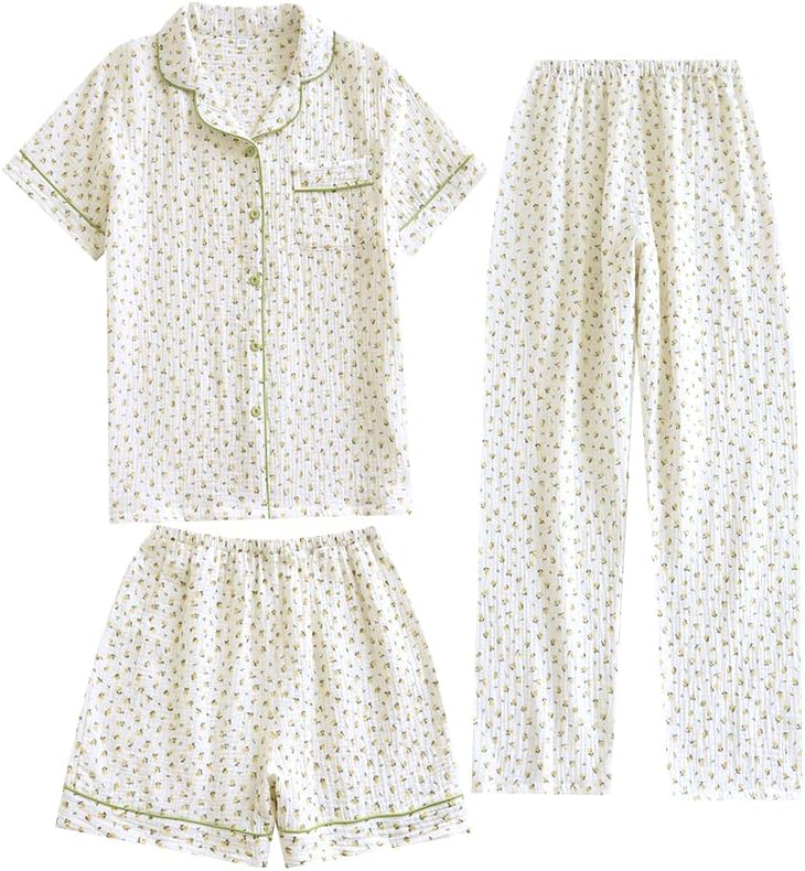 Womens Gauze Pajama Set Lounge Sets Short Sleeve Shirts 3 Piece Cute Floral Pj Set Sleepwear Loungewear