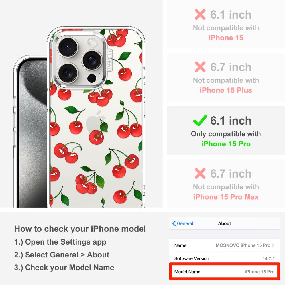 Close-up of the MOSNOVO iPhone 15 Pro case featuring the 'Cute Cherry' design and clear TPU bumper.