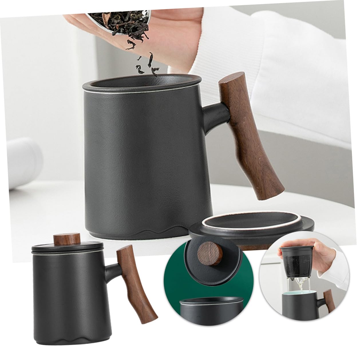 Keramik Teebecher 360ml Schwarz und Filter mit Holzgriff