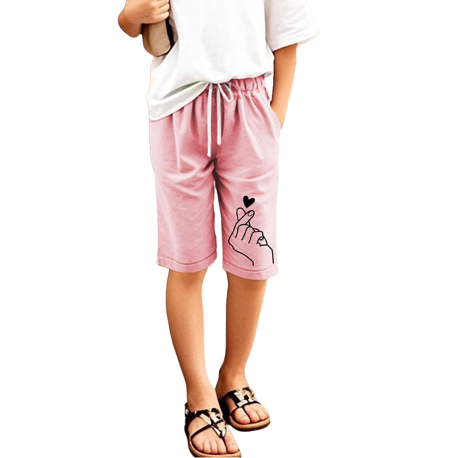 Generisch Leinenhose Kurze Mädchen Leicht Shorts Sommer Freizeit Hose Baumwolle Leinen Strandshorts Elastische Taille Sommerhose Elegant Einfarbig Stoffhose mit Taschen Sweatshorts