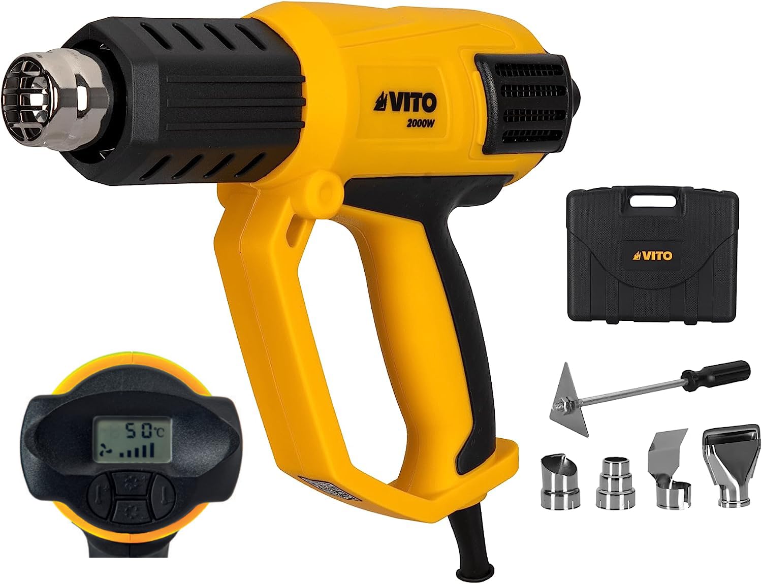 VITO VIPAQD2000 Pistolet na gorące powietrze 2000 W do 50 do 650 °C cyfrowy wraz z zestawem dysz w walizce – 3 ustawienia temperatury, dmuchawa gorącego powietrza, szybkie nagrzewanie do usuwania