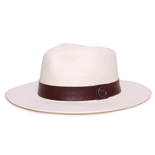 Chapéu Panamá Masculino Praia Palha Rigida Creme Faixa Couro Marrom