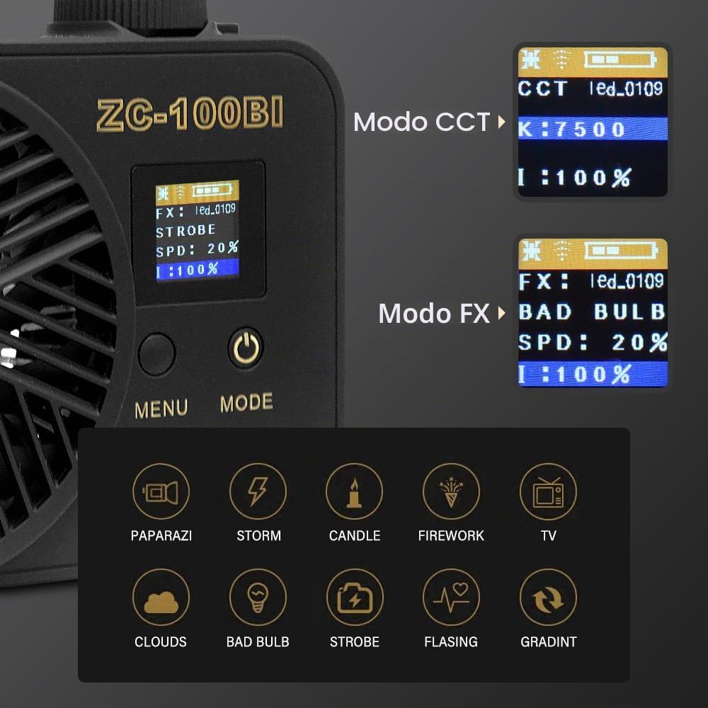 100W LED COB luz de vídeo con Montaje Bowens y empuñadura de Mano, 10000Lux / m 2700K-7500K Bicolor de iluminación con 10 simulaciones de escenarios, con el Panel de Control y Control de App
