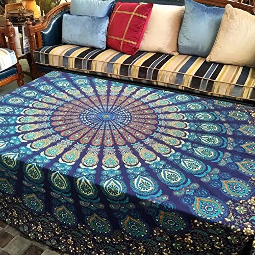 NALEDI Square Mandala Tapestry Bohemian Tapestry Beach Blanket, Psychedelic Wall Art, Dorm Décor Beach Throw, Indian Wall Tapestries Art，Wall Hanging, Yoga Mat, Picnic Mat, Table Throw (Blue)